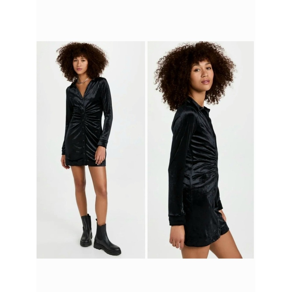 Free People Shayla M mini dress black button up velvet ruched long sleeve Y2K